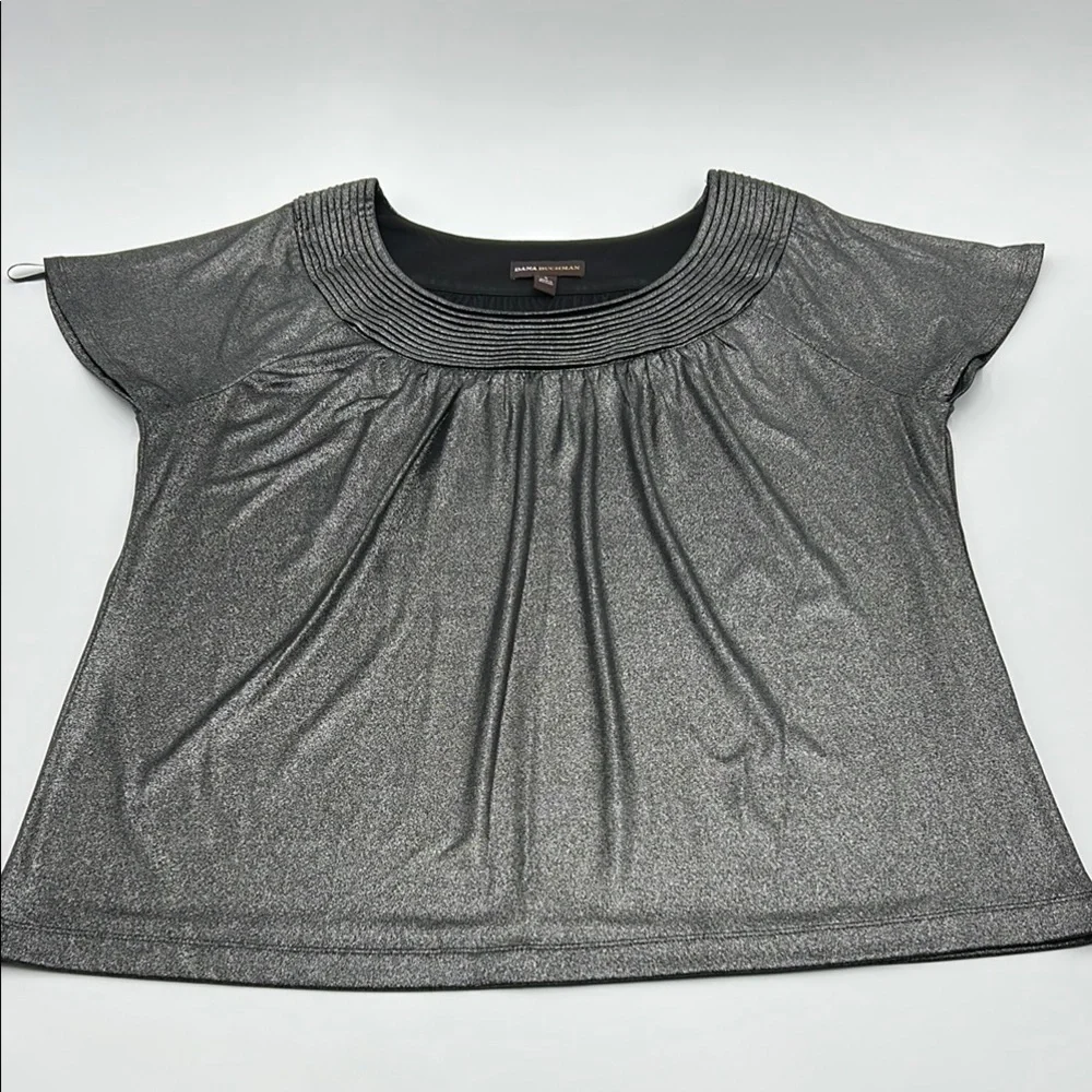 Dana Buchman Flutter Sleeve Blouse Large Gray Shimmer Pleated Nech Relaxed Fit